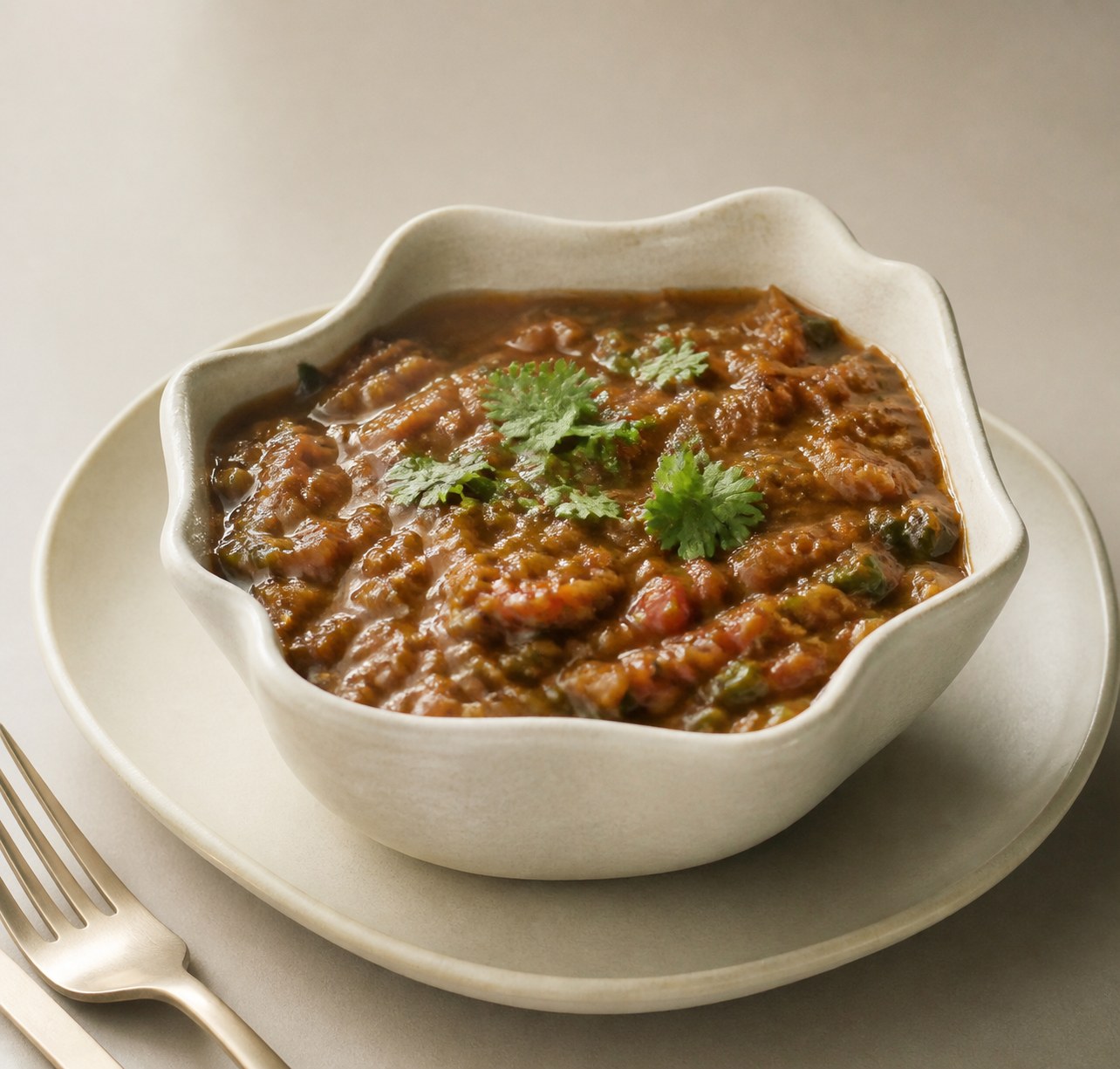 Indian curry with rice and fresh garnish