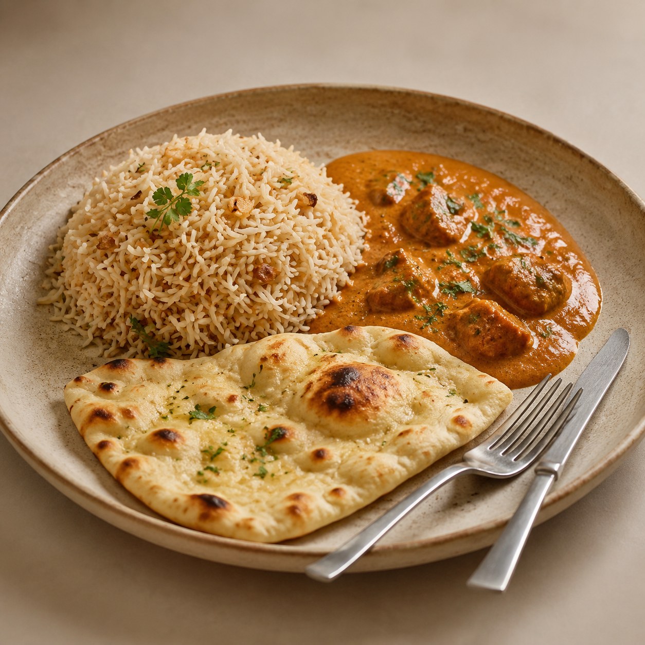 Indian plate with naan and sauce